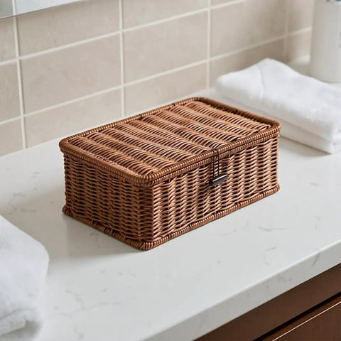 Three Piece Rectangular Woven Storage Bins With Lids Feature Slick Plastic Rattan Construction To Keep Your Home Tidy And Knocking Out Daily Clutter With Zero Hassle Prime Pick For Any Home Or Office, placed on a bathroom counter.