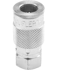 Top Shelf High Flow 3/8 Inch FNPT Pneumatic Coupler Built Tough For Daily Shop Work Quick Connect Air Line Fitting 300 Psi Rating Made In USA Real Deal Silver Steel, close-up view of the coupler.