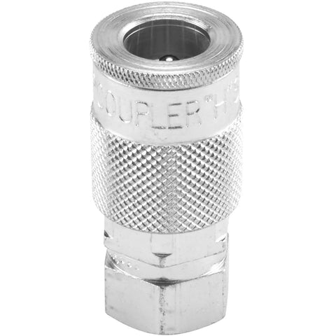 Top Shelf High Flow 3/8 Inch FNPT Pneumatic Coupler Built Tough For Daily Shop Work Quick Connect Air Line Fitting 300 Psi Rating Made In USA Real Deal Silver Steel, close-up view of the coupler.