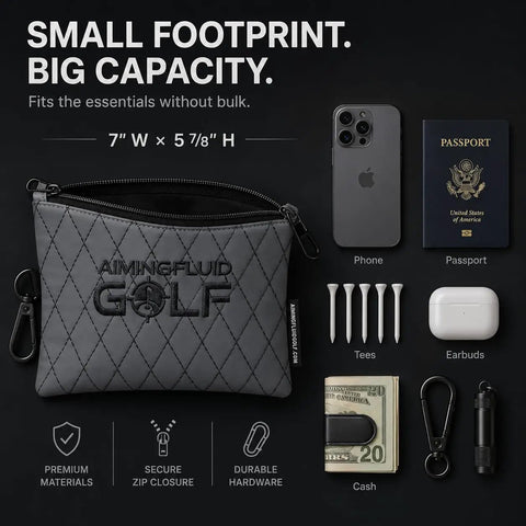Premium Diamond-Stitched Leather Golf Valuables Pouch With Zippered Utility Bag, 360 Swivel Clip shown with accessories.