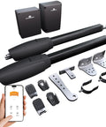 Heavy Duty Dual Swing Gate Opener Kit Handles Up To 20 Feet And 1200 Lbs With Smart App Control Remotes includes dual motors and mounts.
