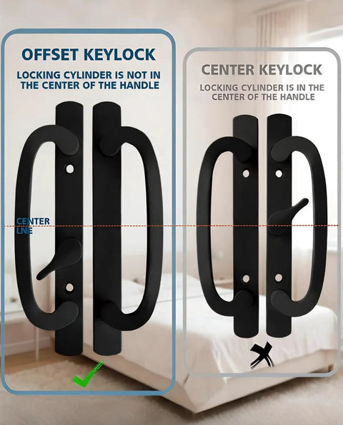 Offset Sliding Patio Door Handle Set with Mortise Lock 45 Degree Keyway Fits 1 3/8 To 2 Inches Doors 3 15/16 Inch Hole Spacing Zinc Alloy Black Diecast Non Handed Replacement For Pella Guardian PGT And More shown with offset and center keylock comparison