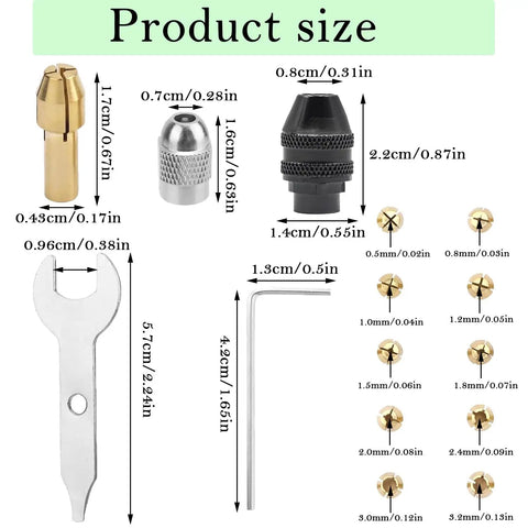 All-in-One Drill Chuck Collet Set For Rotary Tools 15-Piece Brass Collets 0.8mm To 3.2mm with wrench and size details.
