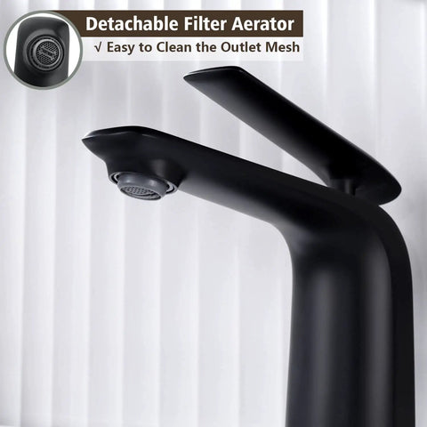 Matte Black Bathroom Sink Faucet With Single Handle, Deck Mount 1 Hole, Brass Body, Ceramic Disc Valve, Aerated Non-Splashing Stream