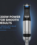 Close-up of the Heavy-Duty 8-In-1 Immersion Blender, 1200W Beast Mode Motor with 5 speeds, featuring blue LED controls.