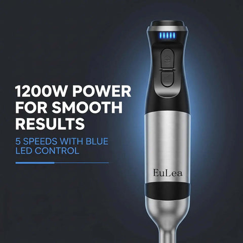 Close-up of the Heavy-Duty 8-In-1 Immersion Blender, 1200W Beast Mode Motor with 5 speeds, featuring blue LED controls.
