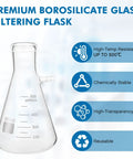 Premium borosilicate 500ml filtering flask features high-temp resistance, chemical stability, transparency, and reusable design.