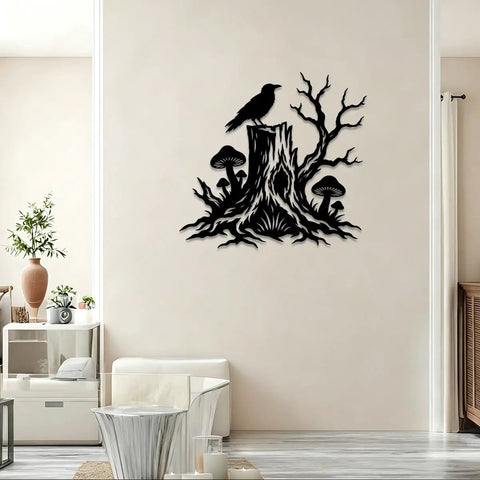 Rustic Black Raven On Tree Stump Hollow Metal Wall Art Sign Durable Cutout Home Decor For Chill Cabin Vibes Totally Sleek Powder Coating Rock Solid Steel Frame