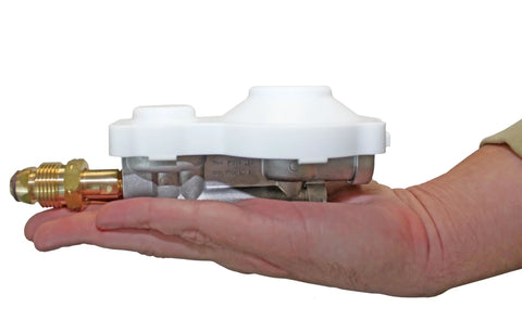 Heavy Duty two stage RV propane regulator in hand, dual-stage design