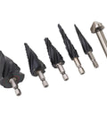 Ultra Sharp Step Drill Bit Set With 4 Flutes For Fast Cuts Through Stainless Steel Hard Metal Wood And Plastic Plus Heavy Duty M35 Cobalt Pagoda Design With 1/4 Inch Shank No Walking Allowed, five bits on white
