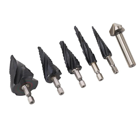 Ultra Sharp Step Drill Bit Set With 4 Flutes For Fast Cuts Through Stainless Steel Hard Metal Wood And Plastic Plus Heavy Duty M35 Cobalt Pagoda Design With 1/4 Inch Shank No Walking Allowed, five bits on white