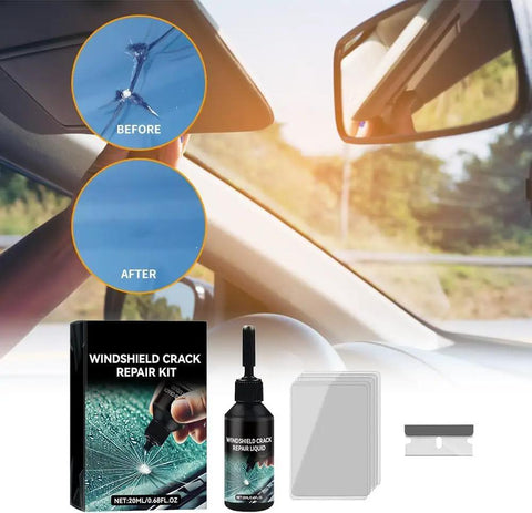 DIY Windshield Crack Repair Kit For Cars With Chips And Cracks Universal Glass Repair Fluid showing before and after results.