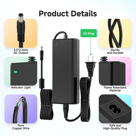 ETL Listed 24V DC 120W Power Supply Adapter 100-240V AC To 24V DC Converter Class 2 For LED Strip Lights CCTV Cameras Routers And Other Electronics Non Dimmable 5.5x2.1mm Plug Indoor Use with product details including DC output, indicator light, plug design, and cable material.