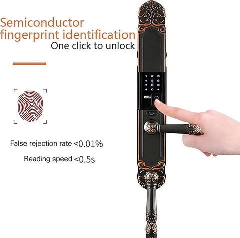 No Sweat Smart Keypad Deadbolt Keyless Entry Door Lock With Auto Lock And Anti Peek Password Guard For Front Porch showing fingerprint identification feature and elegant handle.