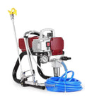 Pretty Darn Smooth Electric Pneumatic Paint Sprayer on a stand with a blue hose and precision nozzle for DIY projects.