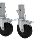 Heavy Duty Five Inch Scaffolding Casters Set Of Two Steel Baker Scaffold Wheels with dual locking brakes and rubber wheels.