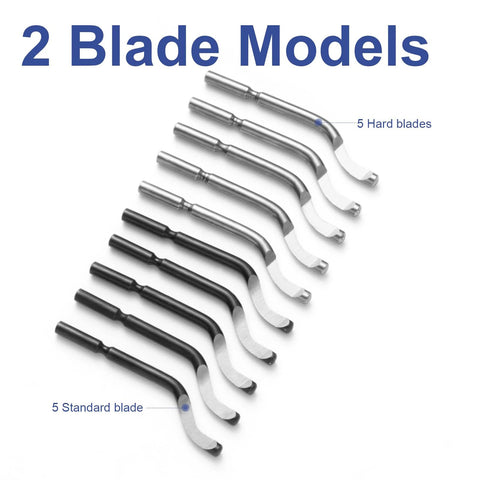Pro Grade Deburring Tool Set With 10 High Speed Steel Replaceable Blades And A Blue Matte Aluminum Handle For Deburring Edges On Metal Aluminum Copper Resin PVC Tube Wood And 3D Printing Bevel Chamfer Reamer Kit with 5 standard and 5 hard blades.