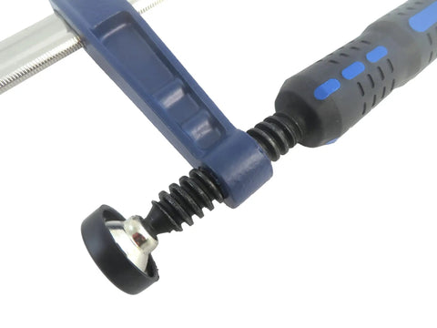 Close-up of Quick-Adjust Vertical Workbench Hold Down Clamp For Three Quarter Inch Dog Holes with no-slip grip and serrated post