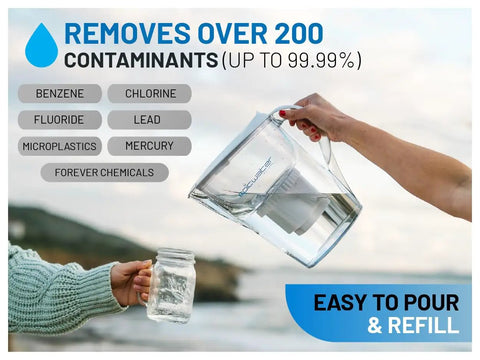 Replacement Water Filter For Pure Water Pitcher That Removes Fluoride, Lead, PFAS, Heavy Metals, pouring clean water