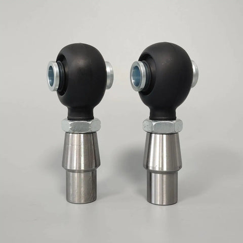 Built Tough Heavy Duty Chromoly Heim Joint Kit 3/4-16 Pair Of Right And Left Thread Rod End Bearings close-up with rubber boots.