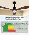 52 Inch Outdoor Ceiling Fan With Lights And Remote Control, black fan with wood blades, energy efficiency chart, indoor use.