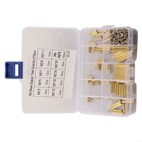 270 Piece M2 Brass Standoff And Nut Assortment Kit For Electronics PC Builds And Robotics With Rust Resistant Brass Threads For Easy Precise Mounting And Height Adjustment, open organizer box
