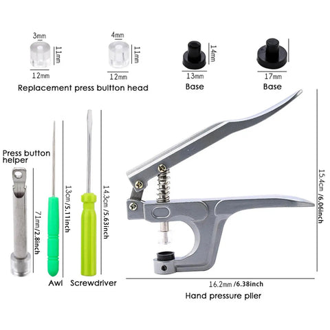 Heavy Duty Plastic Snap Button Pliers Kit With T3 T5 T8 Sockets For Quick Garment Repairs No Sweat One Hand Press Smooth Action Tool For Diy Sewing And Fashion Fixes displayed with various socket sizes and tools.