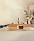Daily Driver 58Mm Wood Tamping Station And Slick Barista Organizer with tools, featuring a wood base and stainless steel tamper.