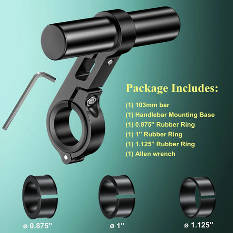 Handlebar Extender Extensions With 4 Inch Cross Bar For Bike And Motorcycle Mounting Of Phone Holder GPS Navigation Action Camera And Other Accessories Made From Durable Aluminum Alloy Easy Install 22mm Diameter 100mm Length, product includes bar, mounting base, rings, and wrench