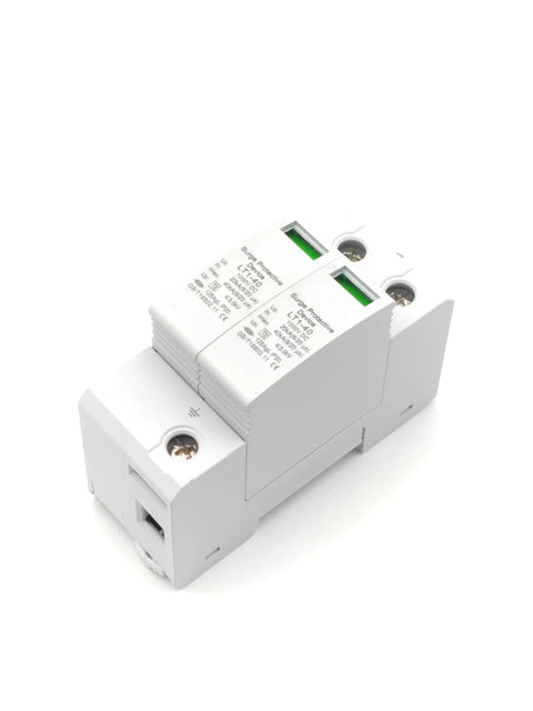 Two Pack 1000V 40KA DC Surge Protector With Lightning Shield And Modular Design Photovoltaic Arrester For Home And Office Use On 35mm DIN Rail Mount DC1000V 2pcs showing front view on white background