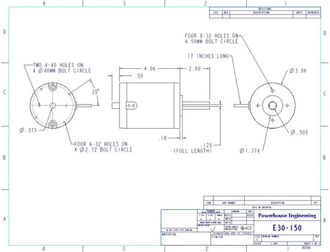 E30-150 Brushed Electric Motor For DIY Projects, 12V 24V Or 36V DC, technical drawing with dimensions and specifications.