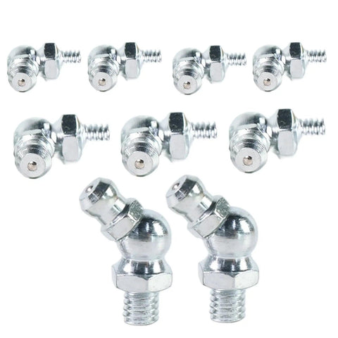 10 Piece Metric Grease Fittings Kit With 90 Degree Elbows For Automotive Machinery And Industrial Equipment visible on white background