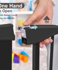 Extra Wide Baby Gate With Door For Stairs And Doorways, Pressure Mounted, Walk Through Swing Door, close-up of latch mechanism shown.