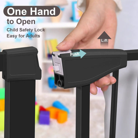 Extra Wide Baby Gate With Door For Stairs And Doorways, Pressure Mounted, Walk Through Swing Door, close-up of latch mechanism shown.