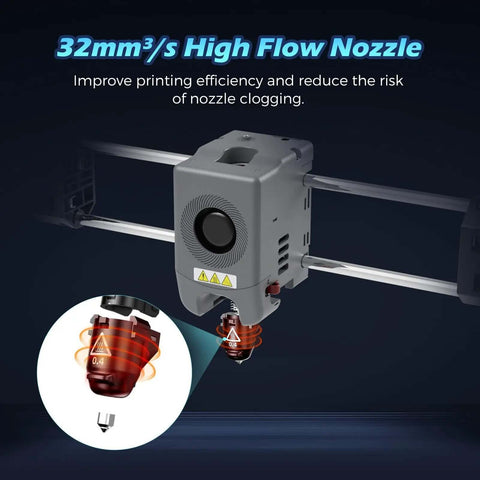 Close-up of 32mm³/s high-flow nozzle showing Beefy High-Flow Nozzle for Stable High-Speed Printing, Adventurer 5M Pro 0.25mm, 280C Max.
