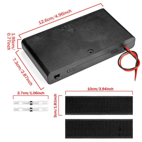Tough As Nails Two Pack Eight AA Battery Holder Case With Reliable On And Off Switch Lid Delivers Straight Up 12 Volts For Diy Projects, showing dimensions and wiring details.
