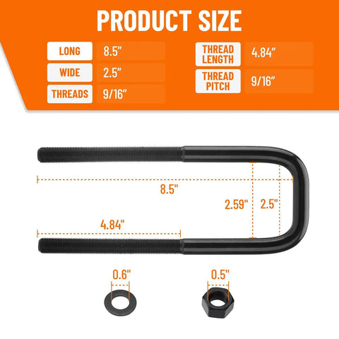 Extended Square Bend U Bolts Four Pack For One To Two Inch Lift Applications Eight And A Half Inch Long With Hardware Dimensions