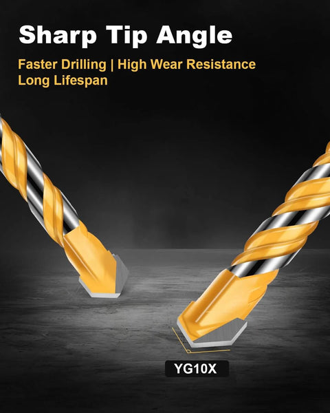 YG10X carbide-tipped masonry drill bits set, 6-inch length with hex shank; two bits with gold-coated tips shown