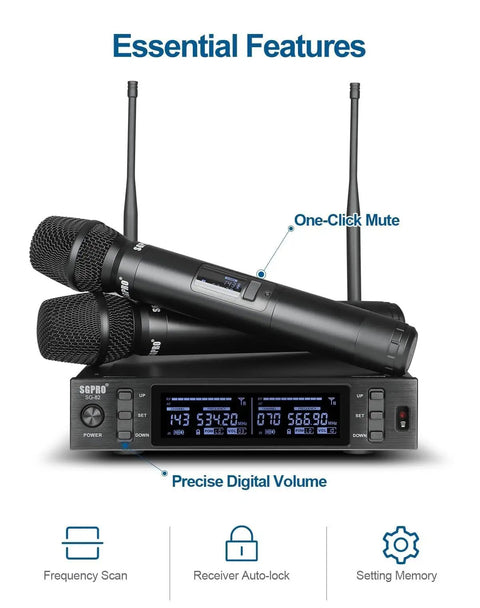 Dual Wireless Microphone System With Metal Handheld Mics And Receiver, Adjustable UHF Channels 520-590 MHz, front view
