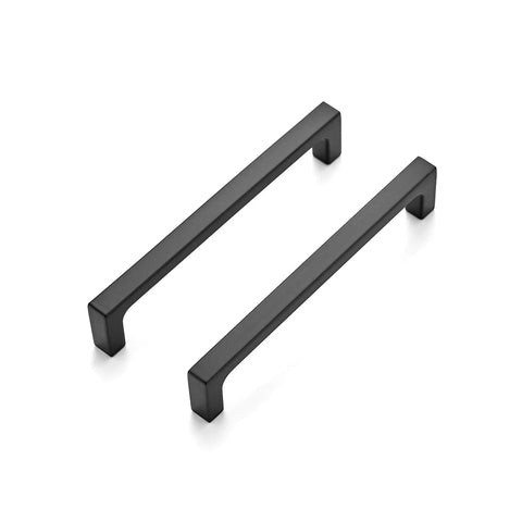 Two matte black cabinet pulls shown at an angle, part of Fifty Pack Matte Black Cabinet Pulls With Five Inch Hole Centers Square Bar Drawer Handles For Kitchen Cabinets And Dressers DIY Friendly Solid Hardware Easy To Install With Included One Inch And Nine Sixteenths Inch Screws.