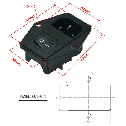 Dimensions of 2 Pack IEC320 C14 Panel Mount Power Connector Socket 15A 250V With 14 AWG Copper Terminals Black 7 Pin Design