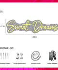 Diagram of 25x6.4 inch LED neon sign 'Sweet Dreams' with mounting screws, chain, and power adapter for lit neon sign wall art decor.
