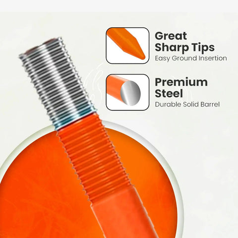 Close-up of 15 Inch Screw In Ground Anchors Pack Of 4 Go-To Heavy Duty Orange Stakes with sharp tips and steel barrel