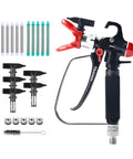 Pro Grade Airless Paint Sprayer Gun Kit Packed With Five Interchangeable Tips 311 To 619, including filters and accessories.