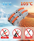50 Pack Lever Wire Nuts Tool Free Quick Connect Wire Connectors Heavy Duty Splicing Terminal Blocks For Home Auto And Electrical Jobs Rated 450 Volts with orange levers.