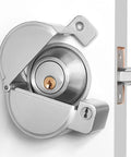 MOSECYOU metal deadbolt security guard with shield on a door; silver finish, close-up view of the lock