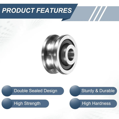 U Groove Bearings Four Pack 5x16x8mm with guide rail rollers for linear motion systems, showcasing double-sealed design and steel construction.