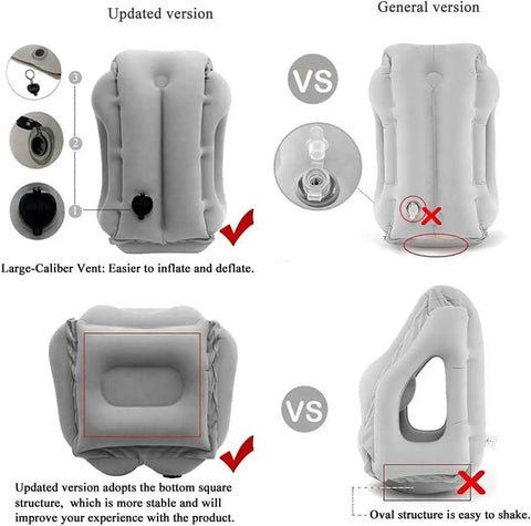 Comparison of updated and general Inflatable Travel Pillow With Chin Support And Eye Mask Earplugs All In One Ergonomic Neck Pillow.