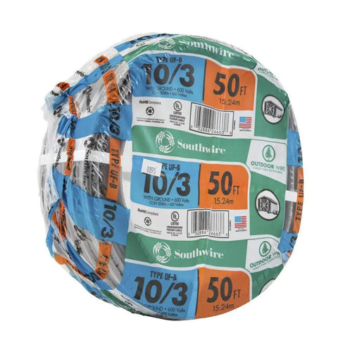 Roll of Underground Feeder Cable 10/3 W/G UF-B Type Building Wire Direct Burial 50 Ft Gray Romex Simpull Style packaging