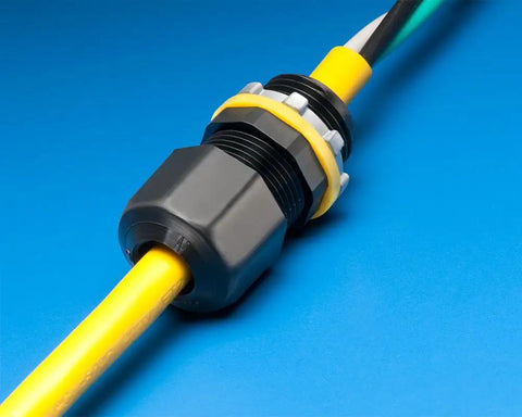 Half Inch Strain Relief Cord Connector Kit 10 Pack with No Fuss Gripping Finger Grommet showing liquid tight seal on blue background